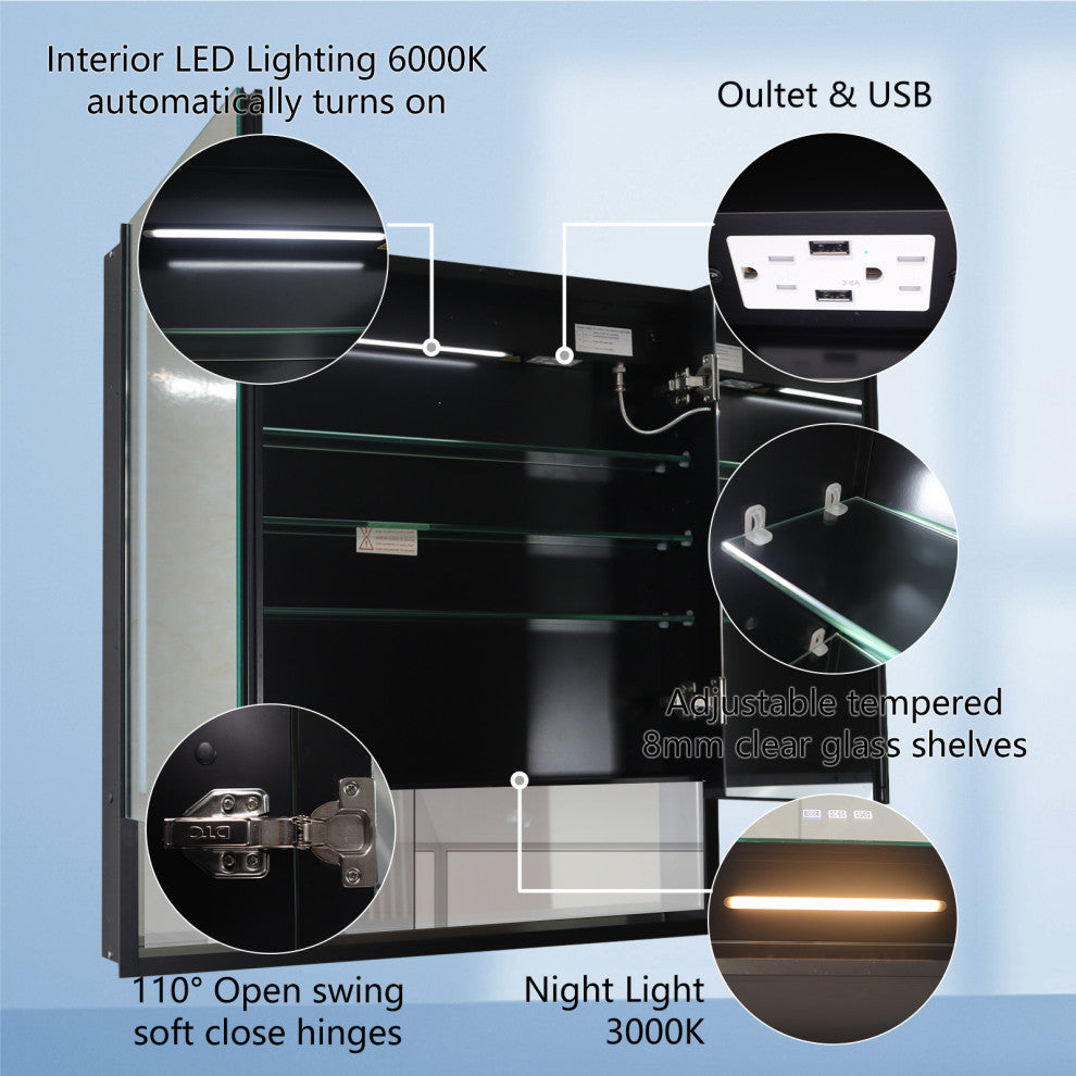 Aluminum Surface/Recessed Mount Medicine Cabinet with Mirror, Outlet and Lights