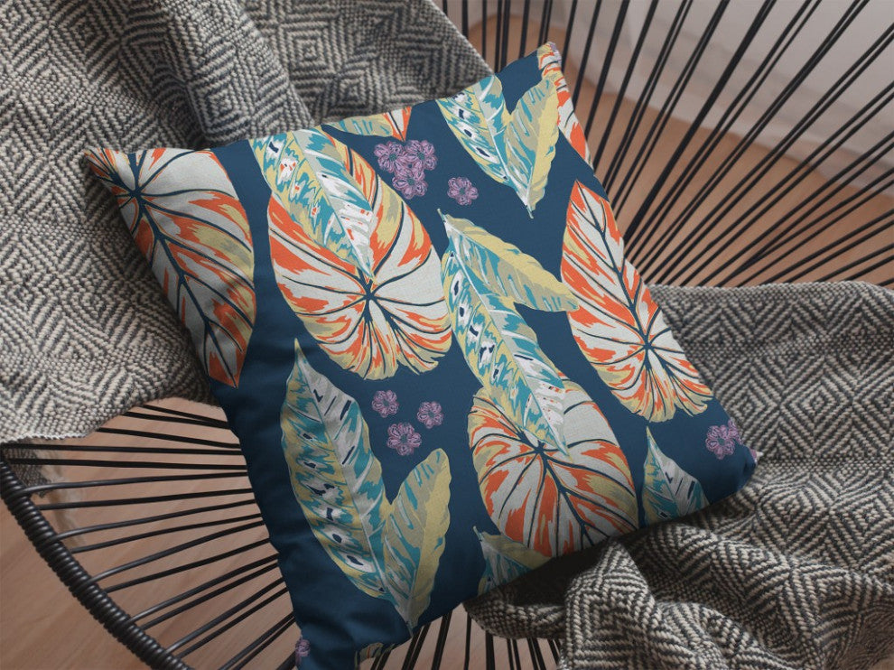 20" Orange Blue Tropical Leaf Indoor Outdoor Zippered Throw Pillow