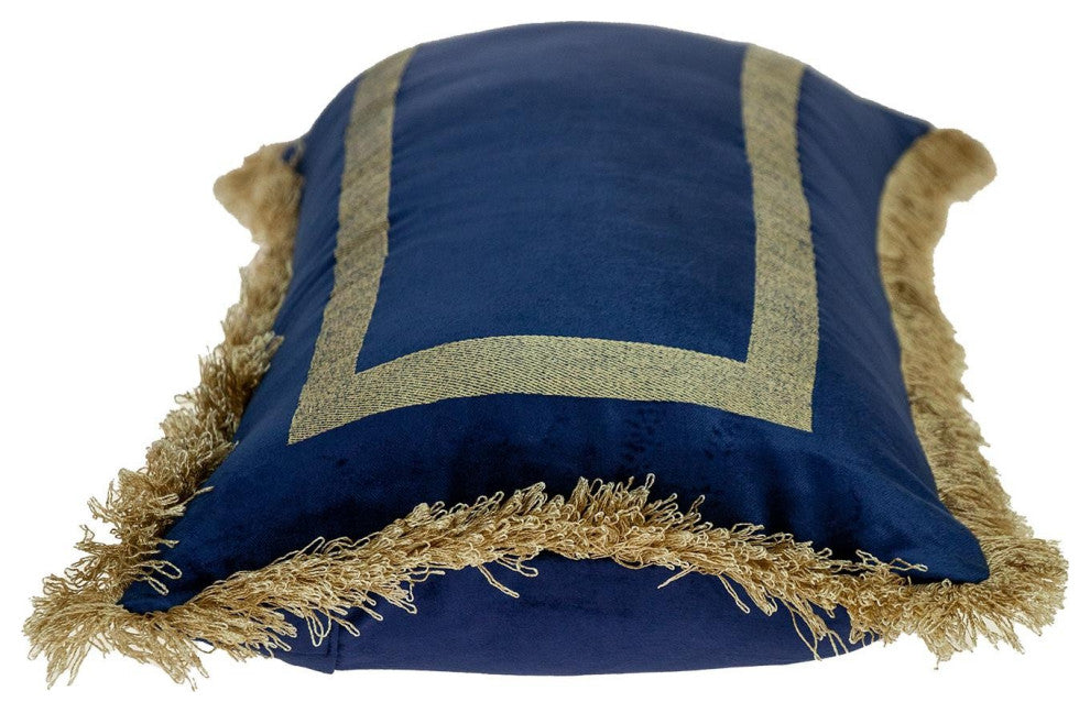 Boho Blue With Gold Fringe Decorative Lumbar Throw Pillow
