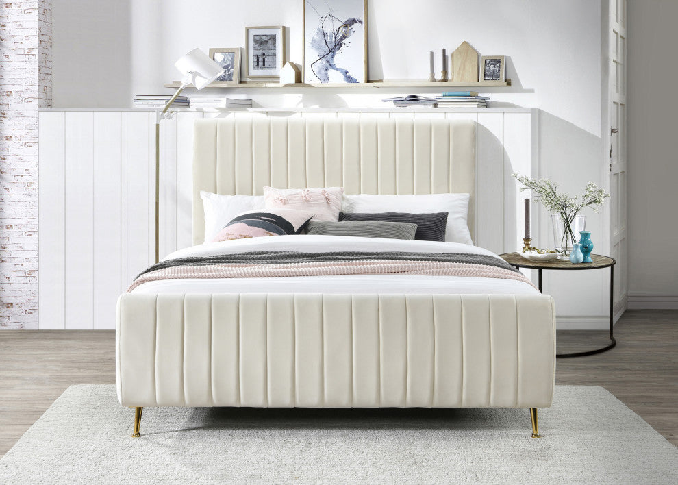 Zara Channel Tufted Velvet Upholstered Bed With Custom Gold Legs, Cream, Full