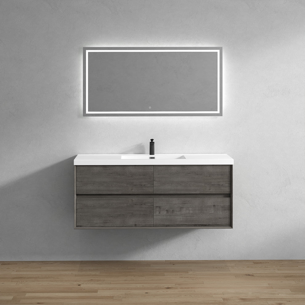 Kingdee Smoke Oak Wall Mounted Vanity With Reinforced Acrylic Sink, 60''