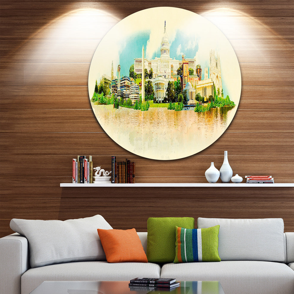 Washington Panoramic View, Cityscape Watercolor Disc Metal Artwork, 36"