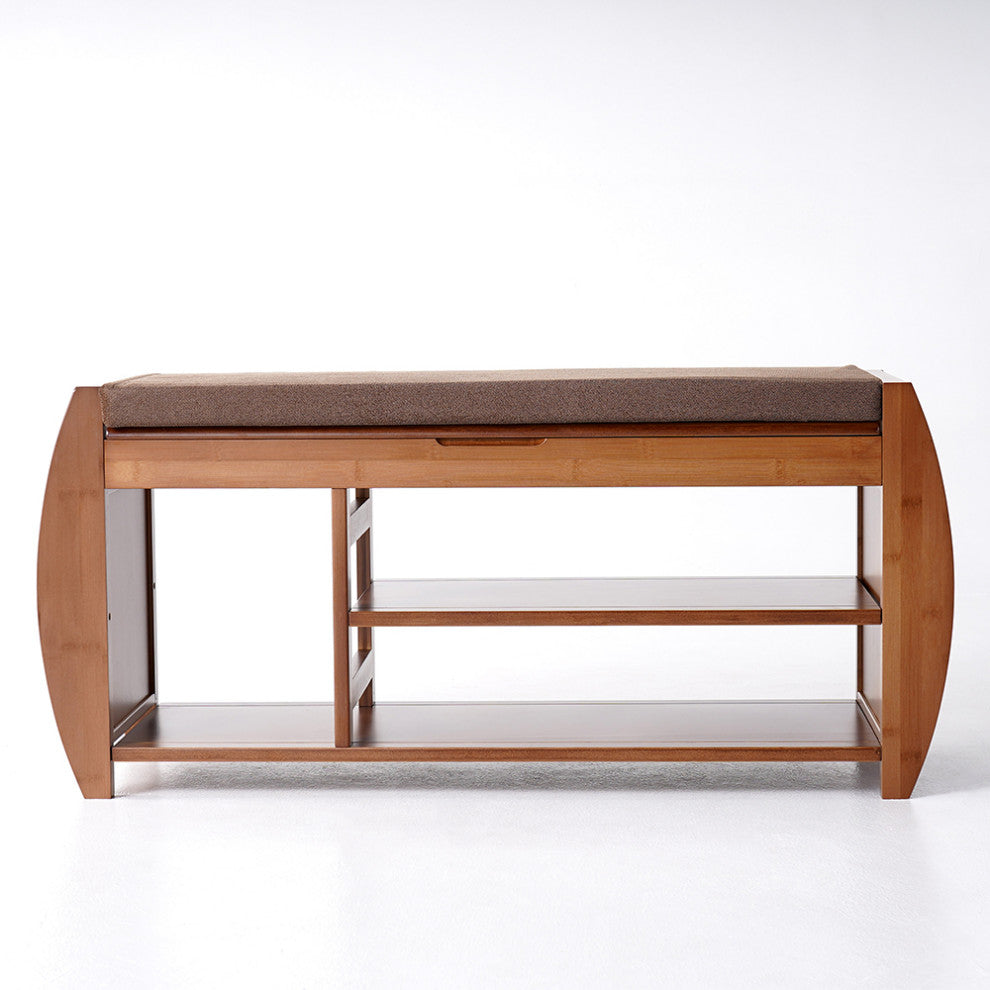 40.2" Rustic Bamboo Upholstered Entryway Flip Top Storage 3-Tier Shoe Bench Rack