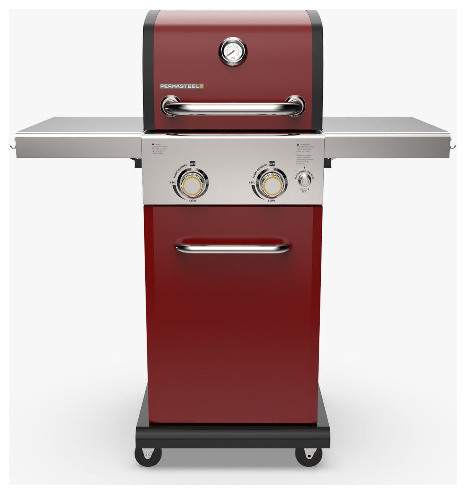 Permasteel 2 Burner Gas Grill with Folding Side Shelves, Red