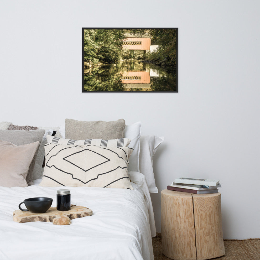 The Reflections of Wooddale Covered Bridge Aged Framed Photo Wall Art Print, Black, 24" X 36"