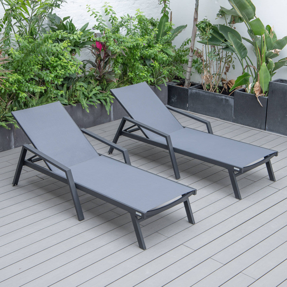LeisureMod Marlin Outdoor Patio Stackable Chaise Lounge Chair with Arms Set of 2, Dark Gray