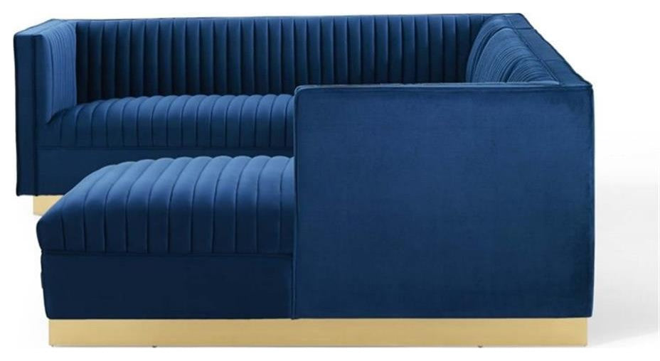 Modway Sanguine 3-Piece Modern Performance Velvet Sectional Sofa Set in Navy