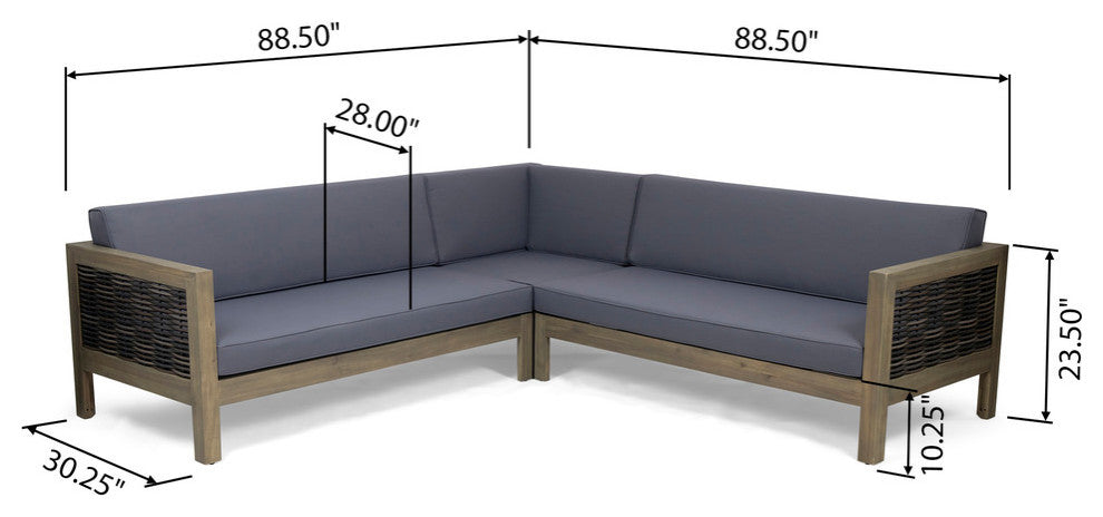 Theresa Wood and Wicker 5 Seater Sectional Sofa Set, Gray, Mixed Brown, Dark Gray