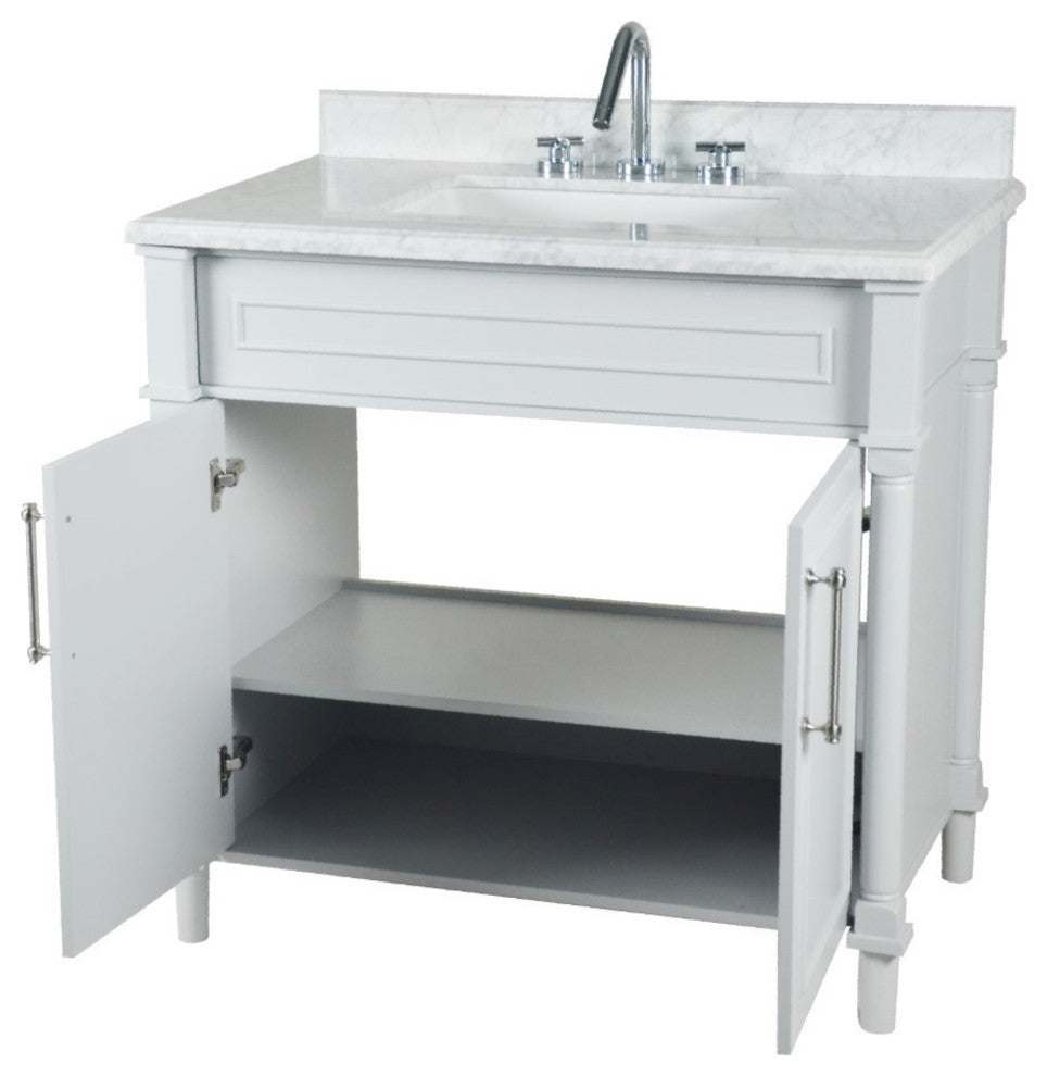 36" Single Vanity, White With White Carrara Marble Top