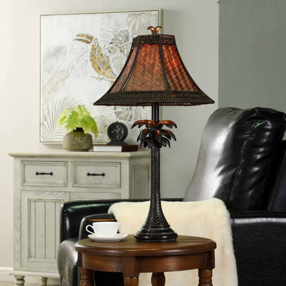 French Verdi Table Lamp-Dark Brown Finish-Brown Woven Rattan Shade