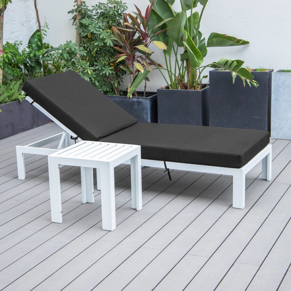 Chelsea White Chaise Lounge Chairs With Side Table, Black