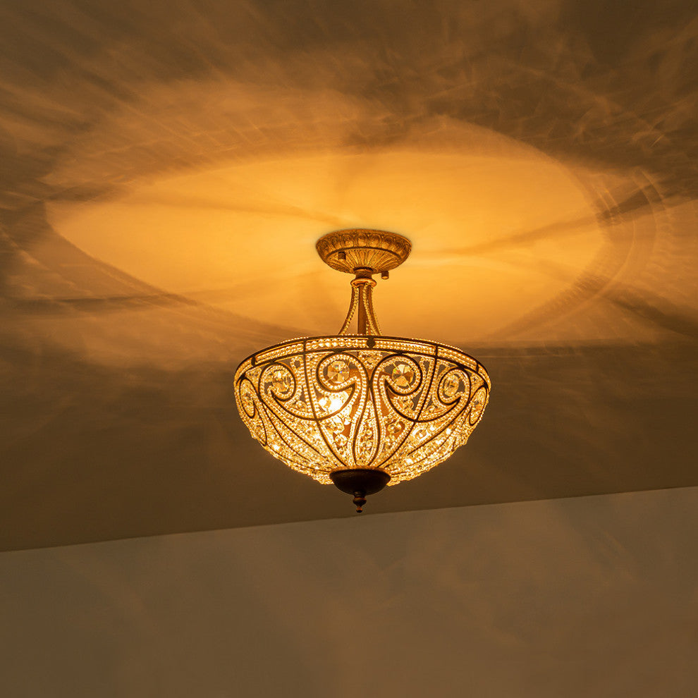 3-Light Antiqued Rust Crystal Semi Flush Ceiling Light