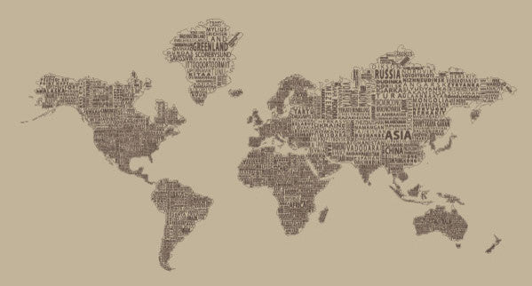 1-World Text Map Wall Mural, Tan Mono, 3 panel, 124"x67"