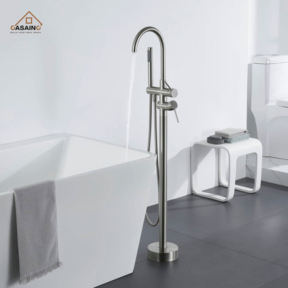 Freestanding Bathtub Faucet Hand Shower Floor-Mount High-arc Tub Faucet 2-Handle