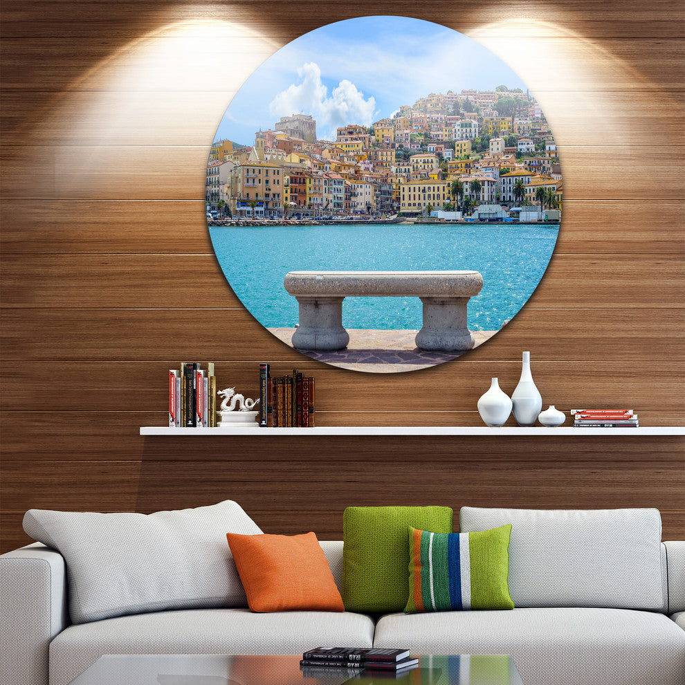 Seafront Bench In Port Santo Stefano, Seashore Disc Metal Wall Art, 23"