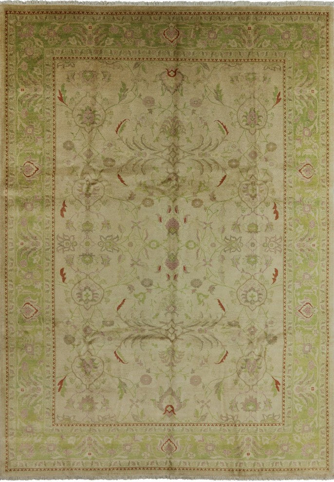 Ivory and Green Floral Peshawar Hand-Knotted Oushak Chobi Wool Rug, 10'x14'