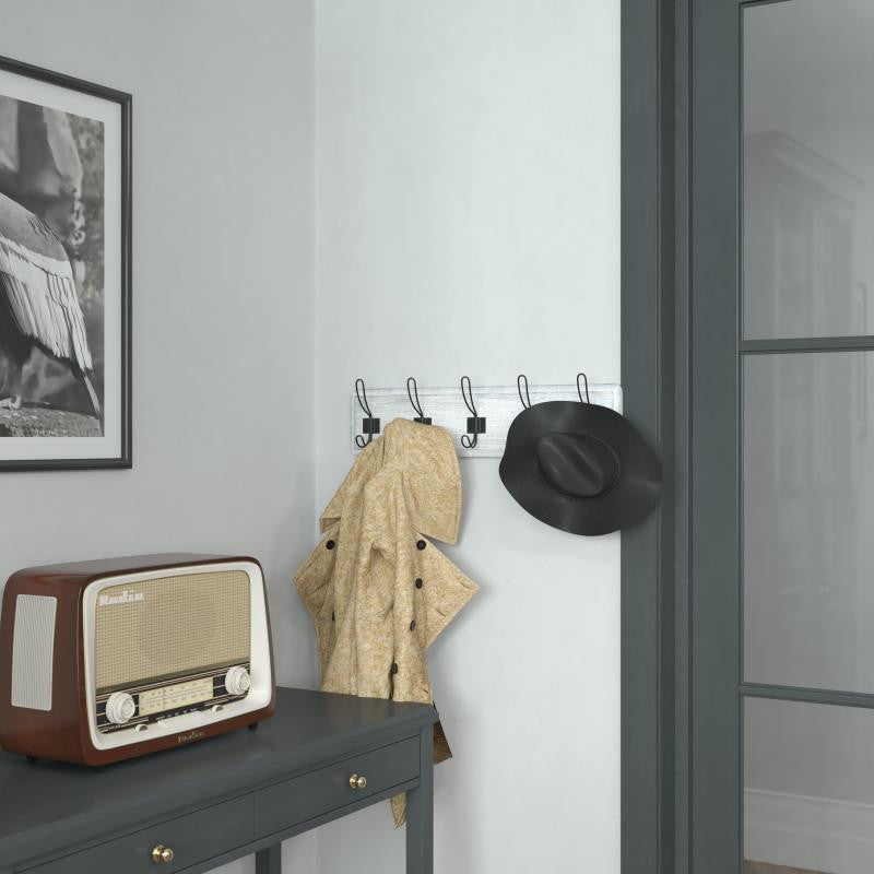 24 Inch Wall Mounted Solid Wood Storage Rack with 5 Hanging Hooks, White Wash