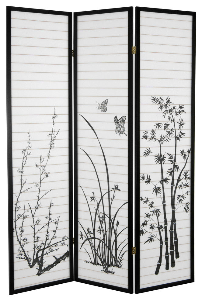 6' Tall Bamboo and Blossoms Room Divider, 3 Panels