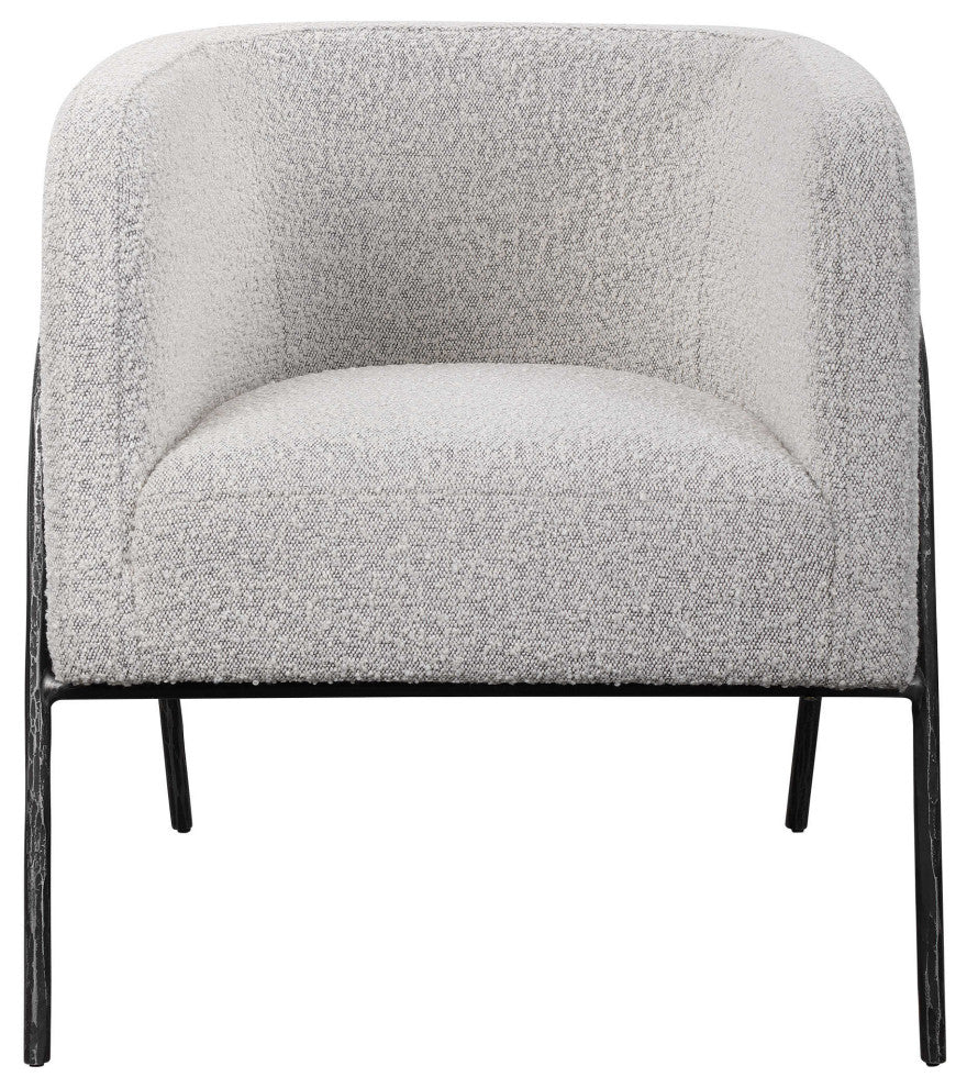 Retro Modern Gray Barrel Back Accent Chair Iron Frame Textured Fabric Scandi
