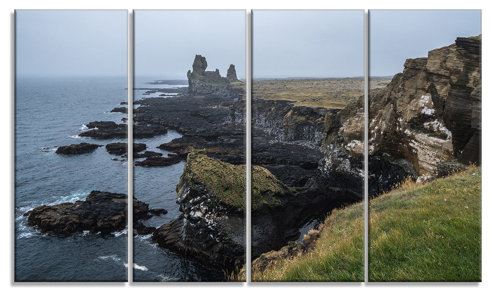 Rocky and Scenic Iceland Beach, Landscape Canvas Art Print, 48"x28", 4 Panels