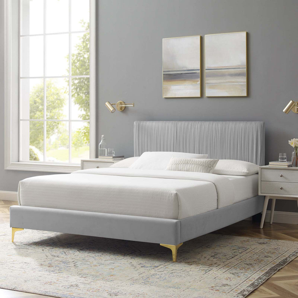 Platform Bed Frame, Queen Size, Velvet, Light Gray, Modern Contemporary
