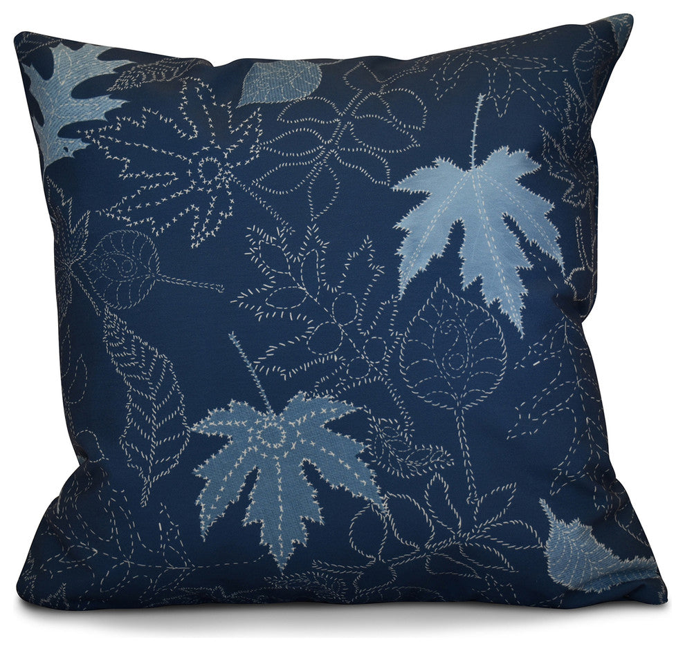Dotted Leaves Floral Print Outdoor Pillow, Blue, 18"x18"
