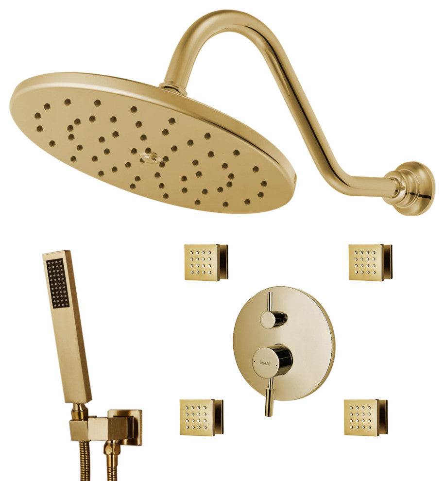 Bravat Brushed Gold Wall Mounted Shower Set, Valve Mixer 3-Way Concealed