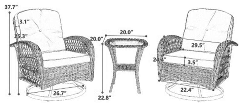 3 Piece Modern Wicker Set Outdoor Chair Set