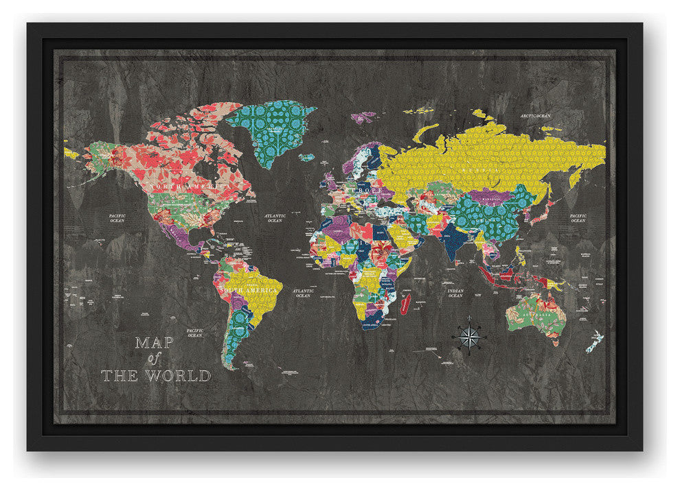 Colorful World Map Canvas Wall Art, 12"x18", Framed