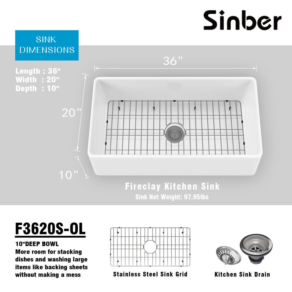 Sinber Farmhouse Apron Single Bowl Kitchen Sink with Fireclay 2 Accessories, White, 36" X 20"