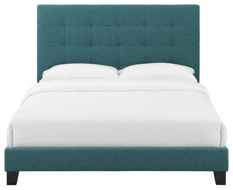 Contemporary Modern Bedroom Twin Size Platform Bed Frame, Fabric, Aqua Blue