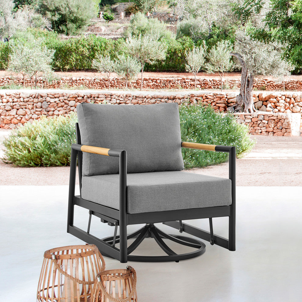 Royal Outdoor Swivel Glider Chair, Black Aluminum And Teak With Cushions