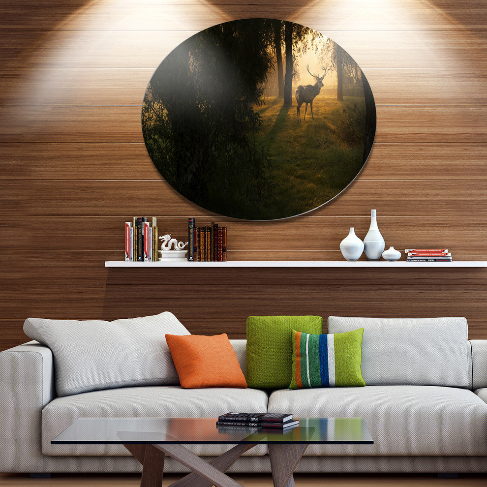 Deer In Sunset In Deep Forest, Forest Disc Metal Wall Art, 38"