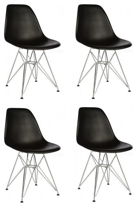 Set of 4 DSR Black Mid Century Modern Dining Shell Chair, Steel Eiffel Legs
