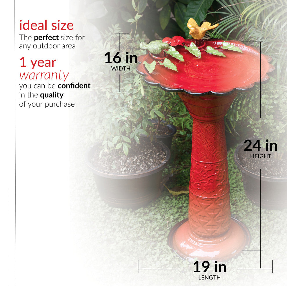 28" Tall Outdoor Metal Birdbath with Birds and Leaves Yard Statue, Red