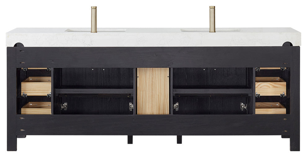 Leon Bath Vanity With Composite Stone Top, Fir Wood Black, 84", With Mirror