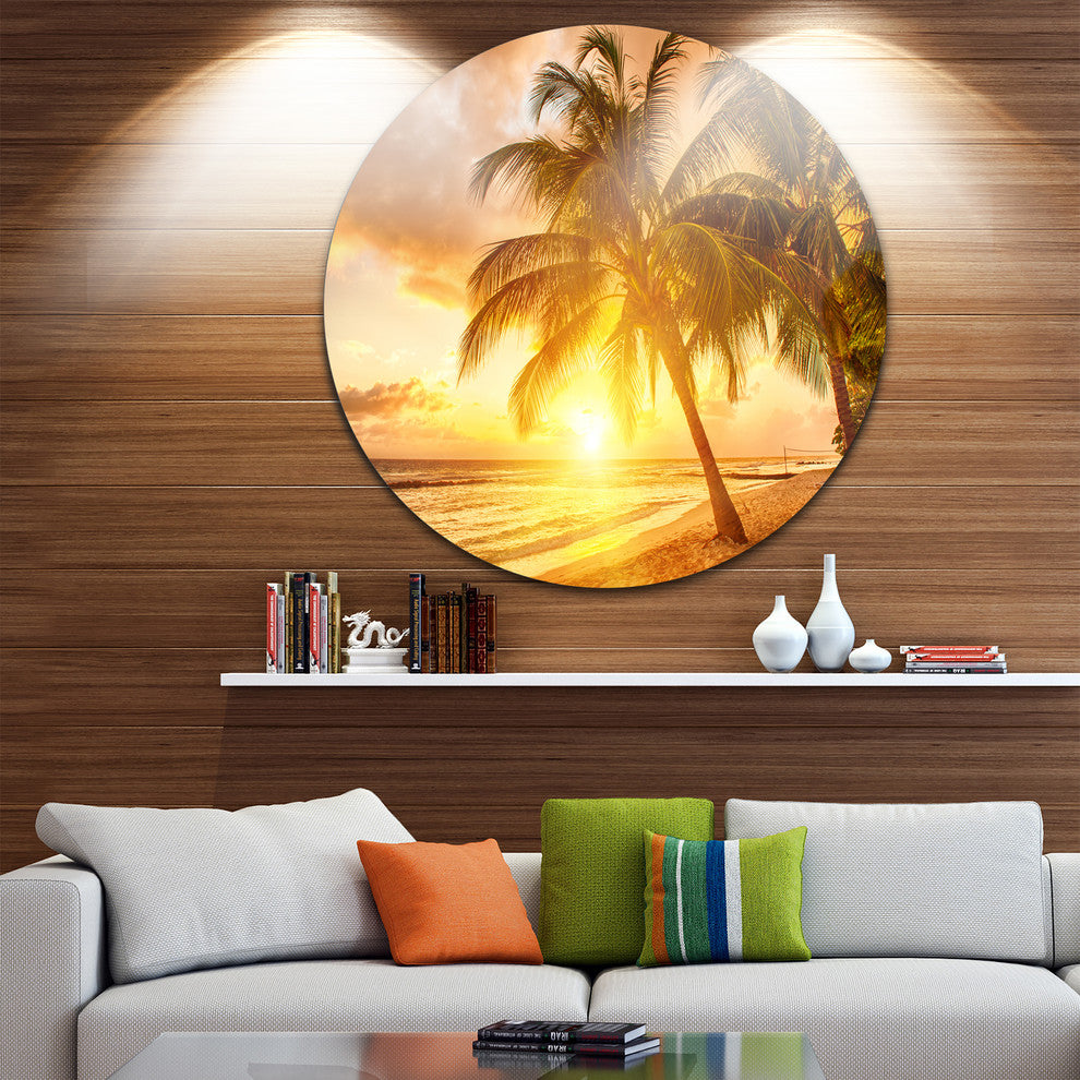 Bright Sunset At Barbados Island, Modern Seascape Round Wall Art, 23"