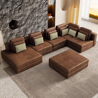 112.7" Modular Sectional Sofa with Chaise Lounge and Ottoman, Brown