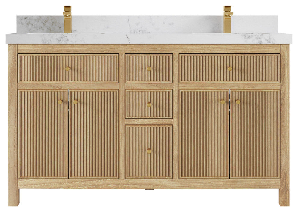 Sonoma 60 Double Bathroom Vanity in Light Natural Teak with 2" Calacatta Nuvo