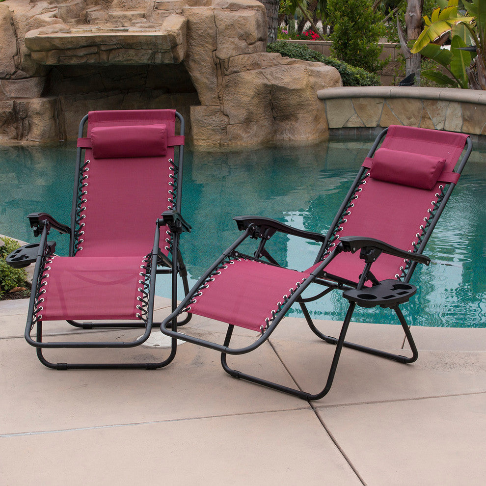 Zero Gravity Lounge Patio Chairs With Cup Holder, Set of 2, Burgundy