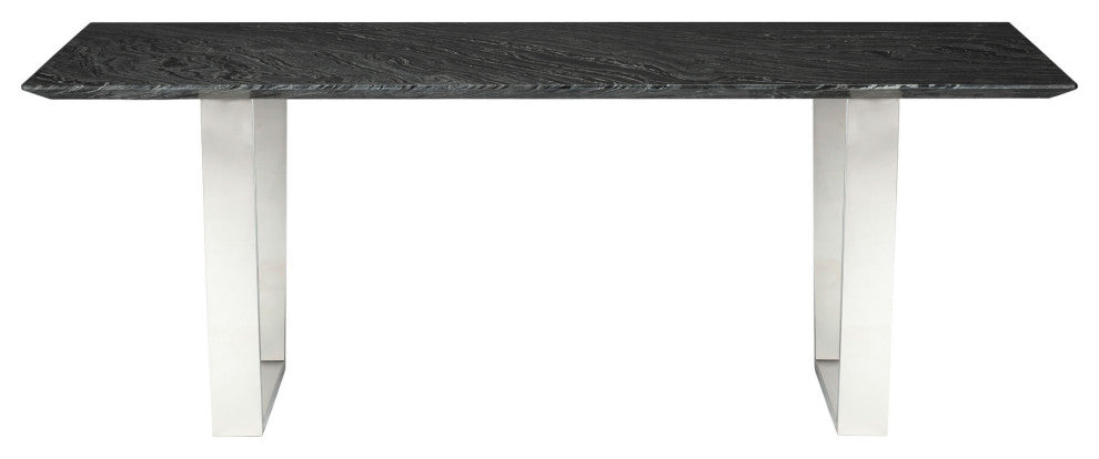 Catrine Dining Table in Black Wood Vein Marble and Polished Stainless Steel Base