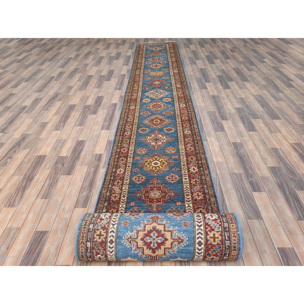 Denim Blue Hand Knotted Afghan Super Kazak Organic Wool XL Runner Rug 2'8"x40'8"