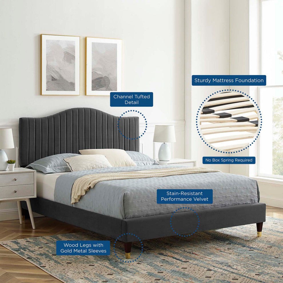 Tufted Platform Bed Frame, Queen Size, Velvet, Gray, Modern Contemporary