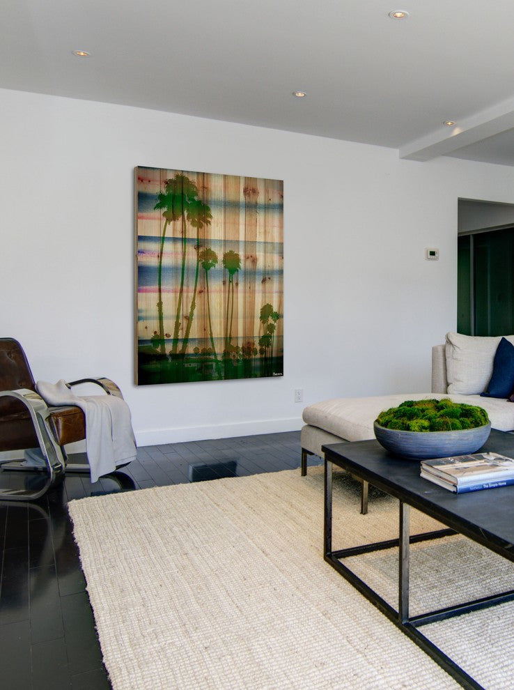"Palm Rainbows" Print on Natural Pine Wood, 40"x60"