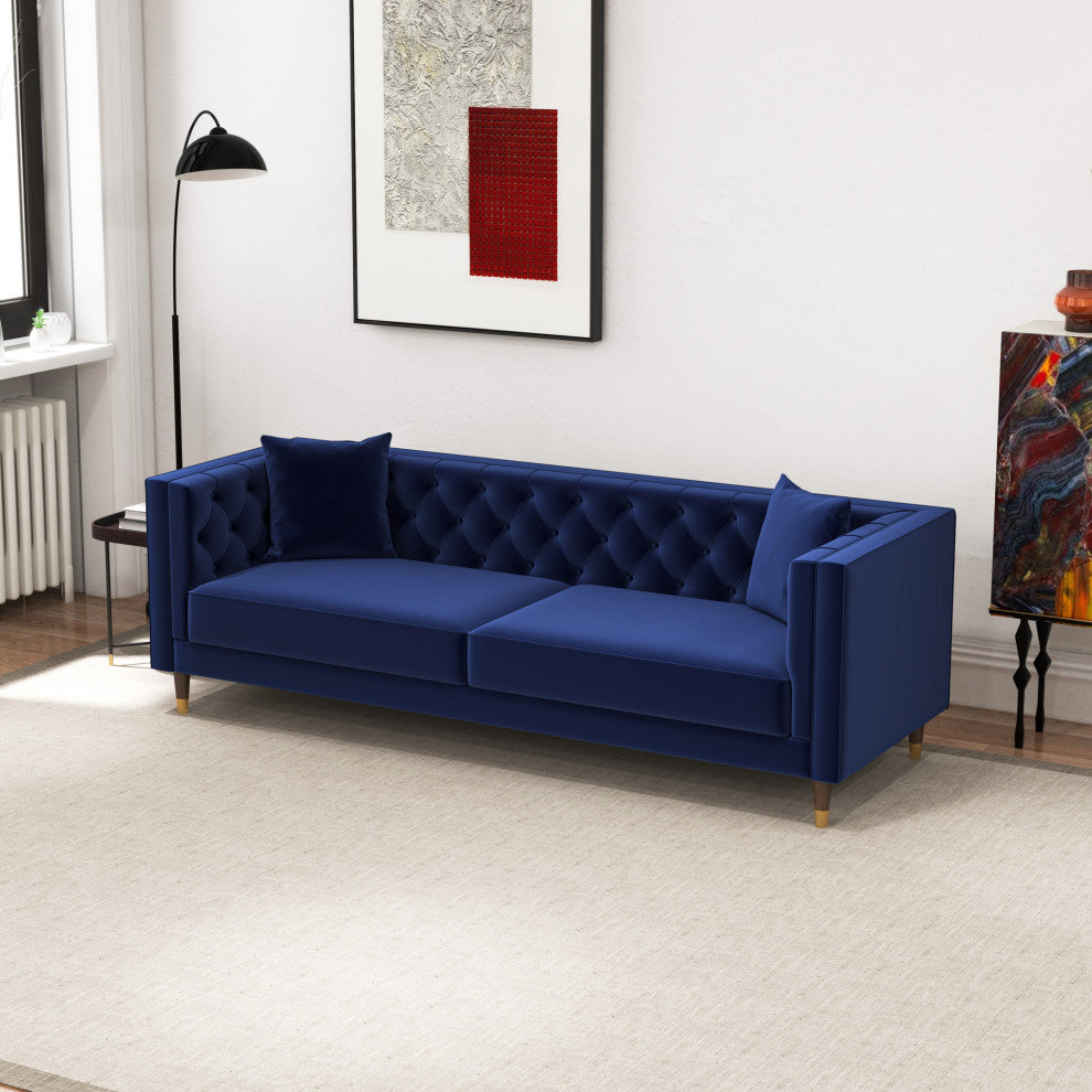 Lewis Mid-Century Modern Luxury Tufted Velvet Sofa, Dark Blue