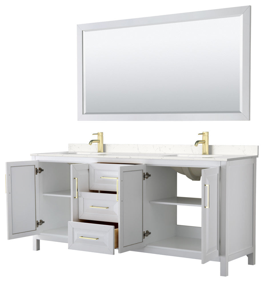 80"DBL Vanity White, Light-Vein Carrara Cult. Top, Sinks, 70"Mirror, Gold Trim