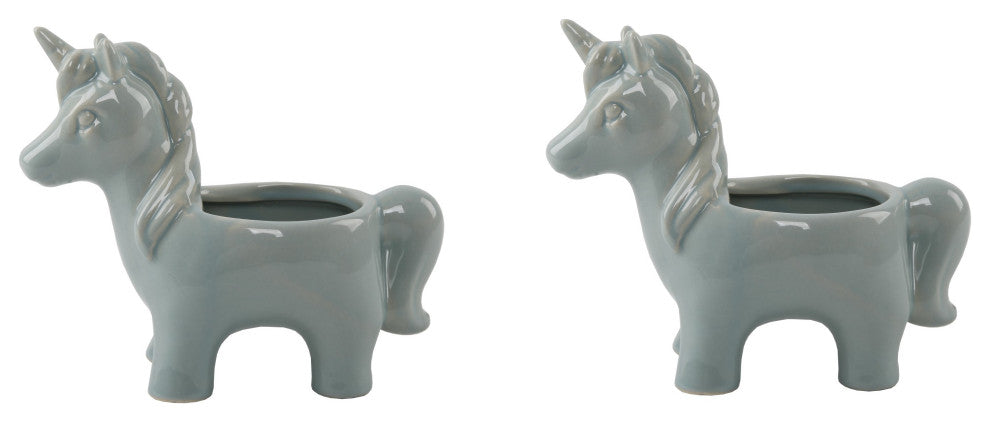 Set Of 2 Ceramic Unicorn Pot, Teal