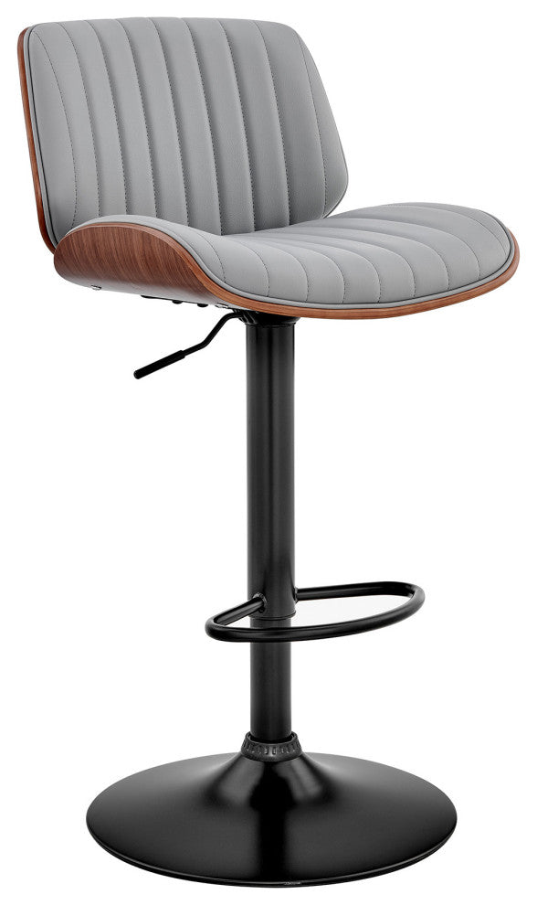 Adjustable Gray Faux Leather Black Steel and Walnut Bar Stool