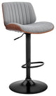 Adjustable Gray Faux Leather Black Steel and Walnut Bar Stool