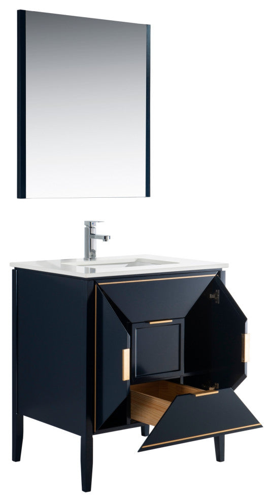 Vetro 30" Vanity With Quartz Counter Top, Gloss White, Navy Blue